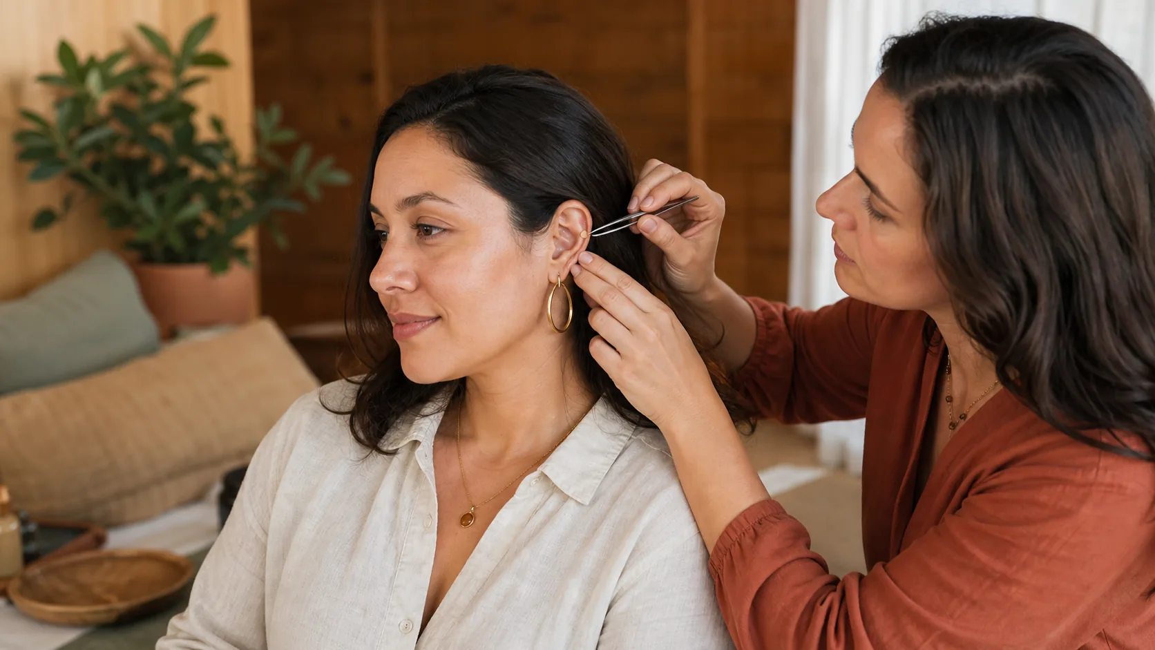 Terapeuta aplica uma pequena semente auricular sem perfurar a pele durante sessão integrativa