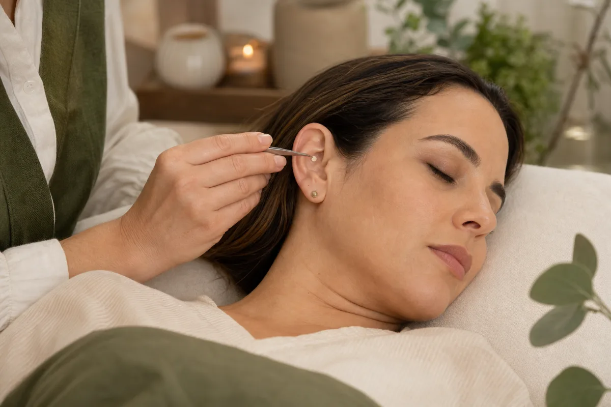 Aplicação cuidadosa de sementes auriculares durante sessão de auriculoterapia
