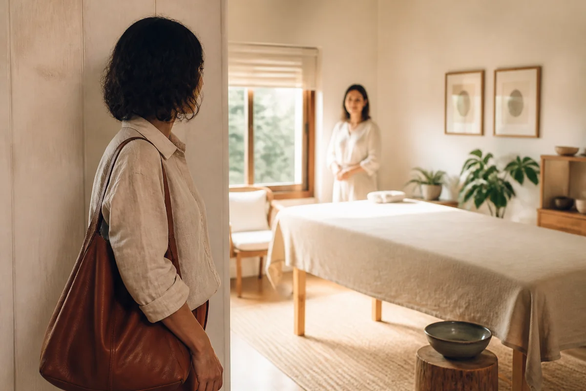 Mulher chega a um espaço acolhedor para uma sessão integrativa, ainda sem saber como explicar o que sente
