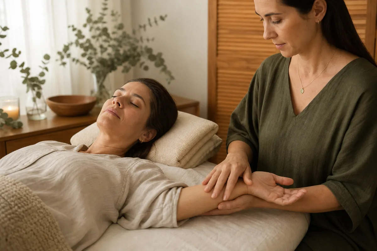 Terapeuta oferece cuidado pelas mãos durante uma sessão integrativa silenciosa