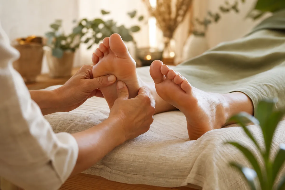 Massagem de reflexologia podal em ambiente acolhedor