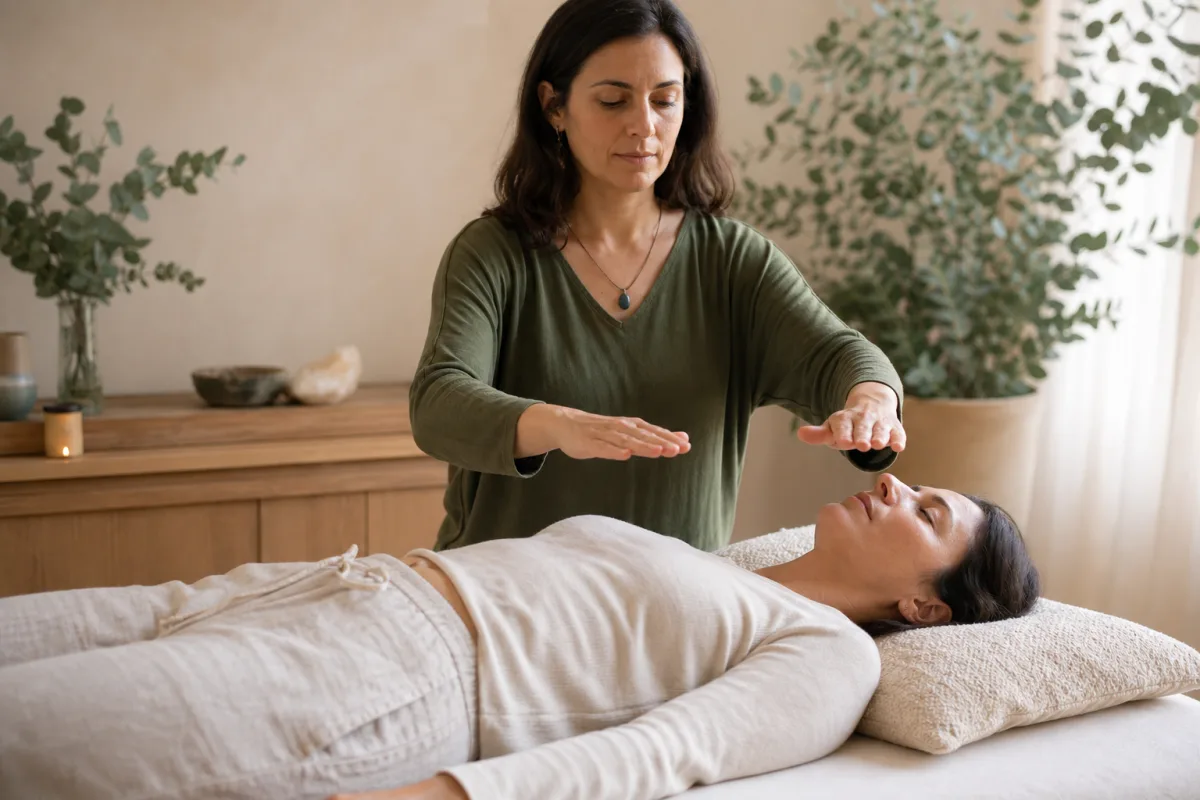 Terapeuta realiza uma sessão de Reiki com imposição suave das mãos