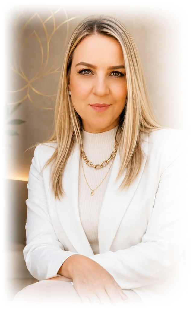 Mariceles Virginia Dadam, terapeuta integrativa, de blazer branco em seu espaço de atendimento